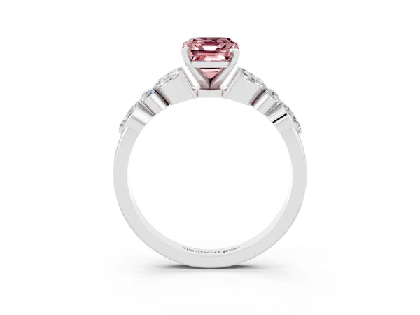 Silver Emerald Cut Morganite Solitaire Ring with Side Stones and Four-Prong Setting