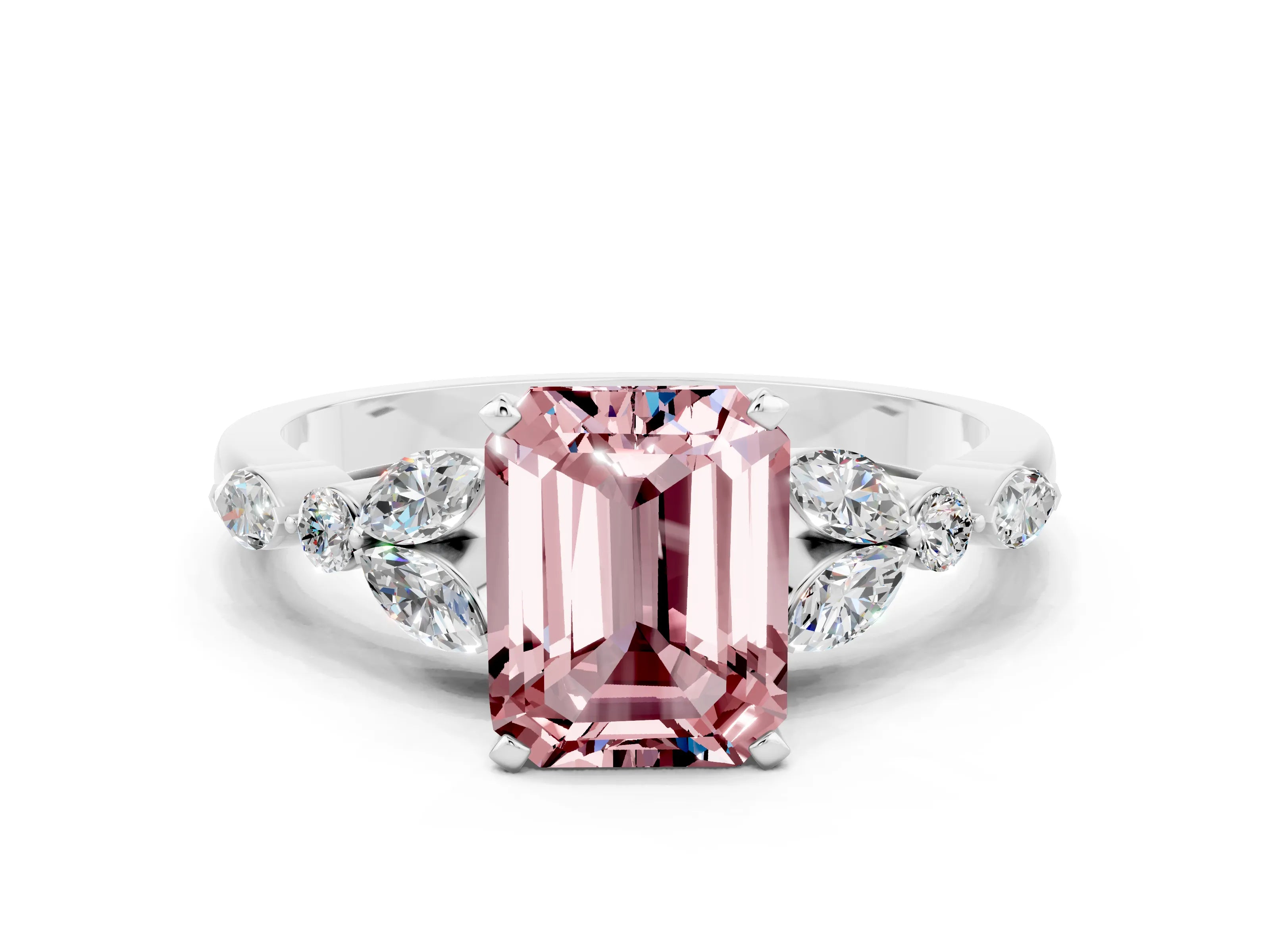 White gold Emerald Cut Morganite Solitaire Ring with Side Stones and Four-Prong Setting_24