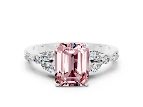 White gold Emerald Cut Morganite Solitaire Ring with Side Stones and Four-Prong Setting_24