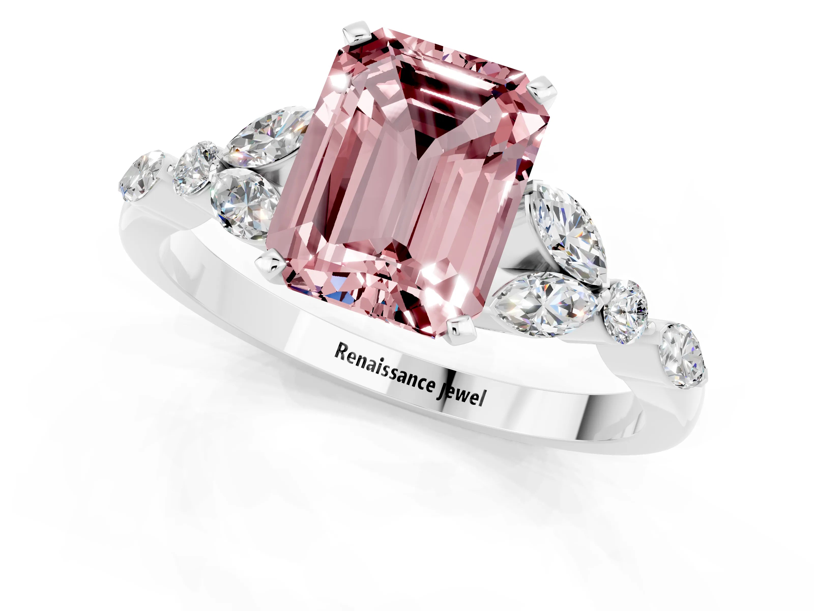 White gold Emerald Cut Morganite Solitaire Ring with Side Stones and Four-Prong Setting_25