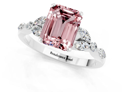 White gold Emerald Cut Morganite Solitaire Ring with Side Stones and Four-Prong Setting_25