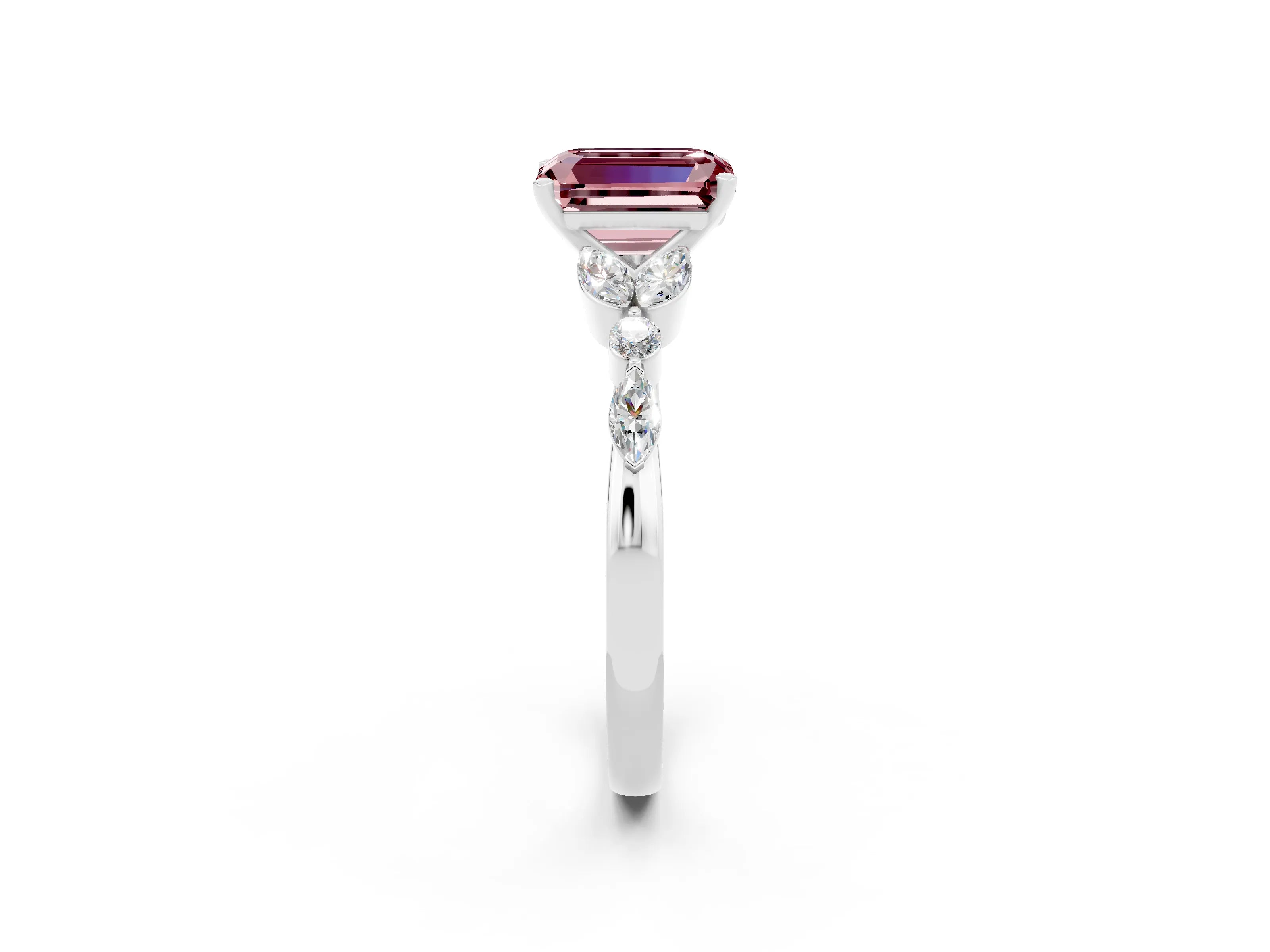 White gold Emerald Cut Morganite Solitaire Ring with Side Stones and Four-Prong Setting_26