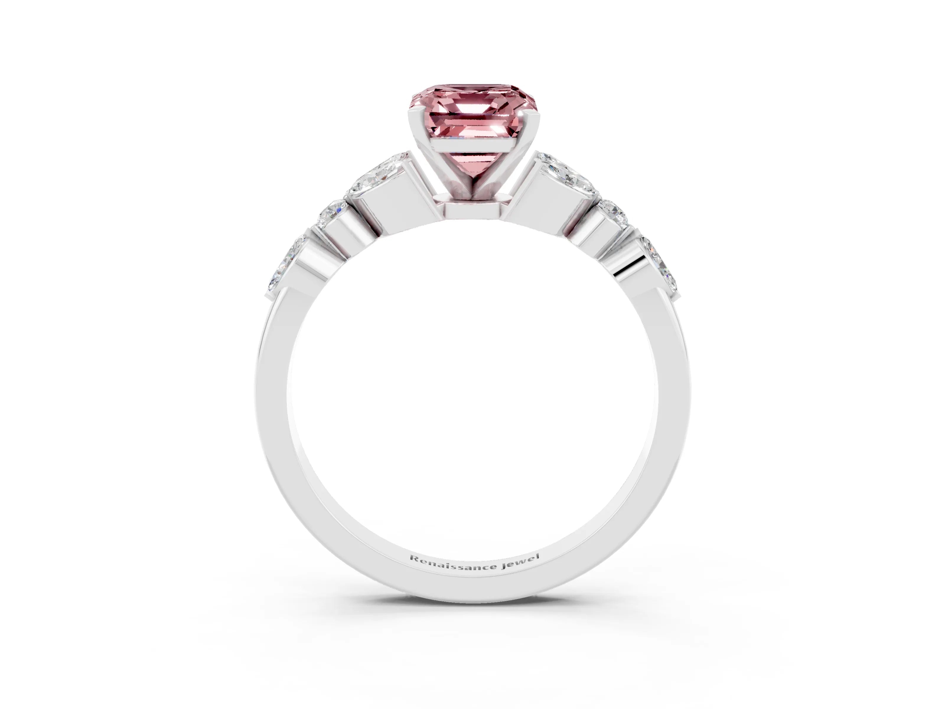 White gold Emerald Cut Morganite Solitaire Ring with Side Stones and Four-Prong Setting_27