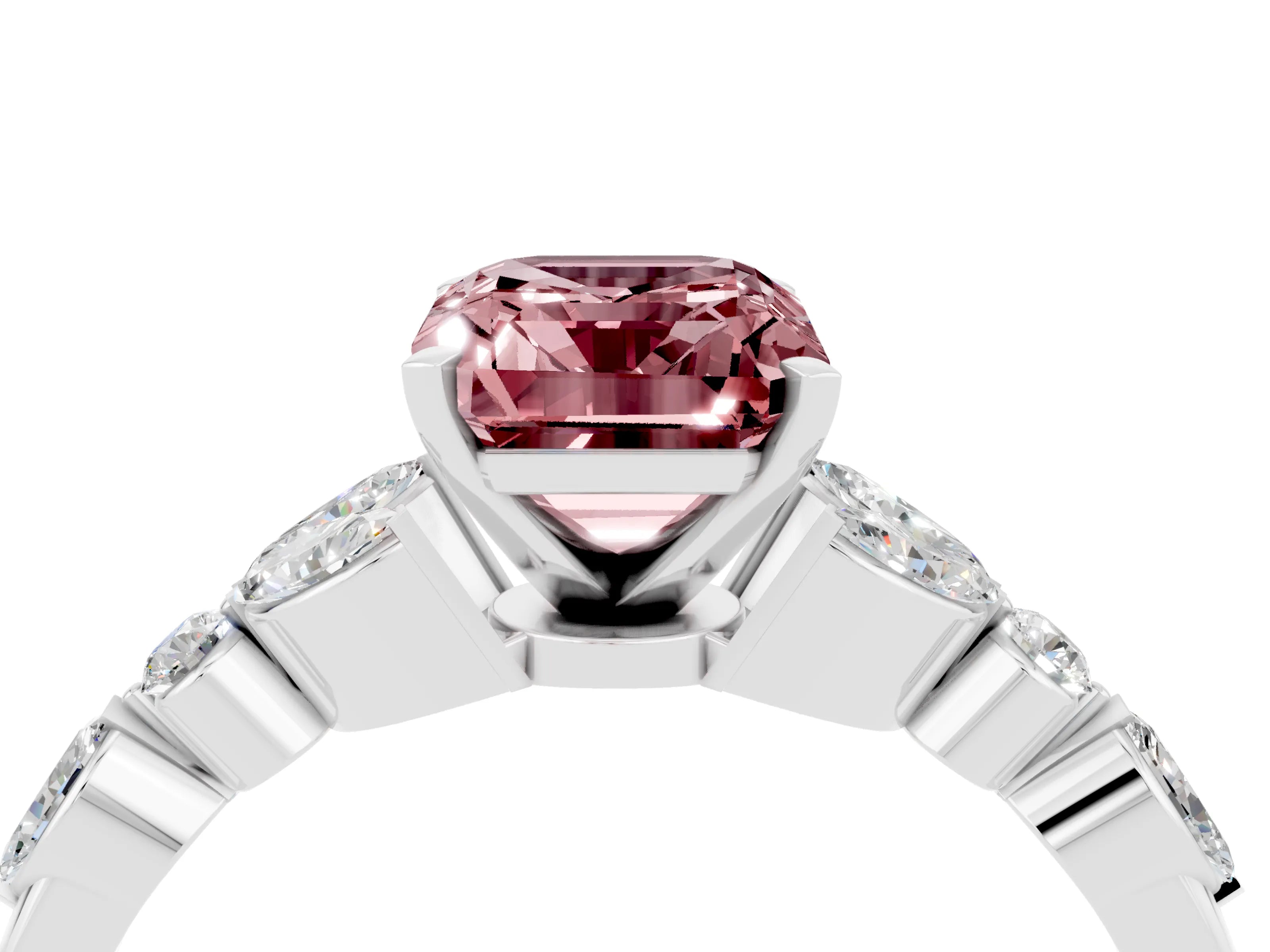 White gold Emerald Cut Morganite Solitaire Ring with Side Stones and Four-Prong Setting_28
