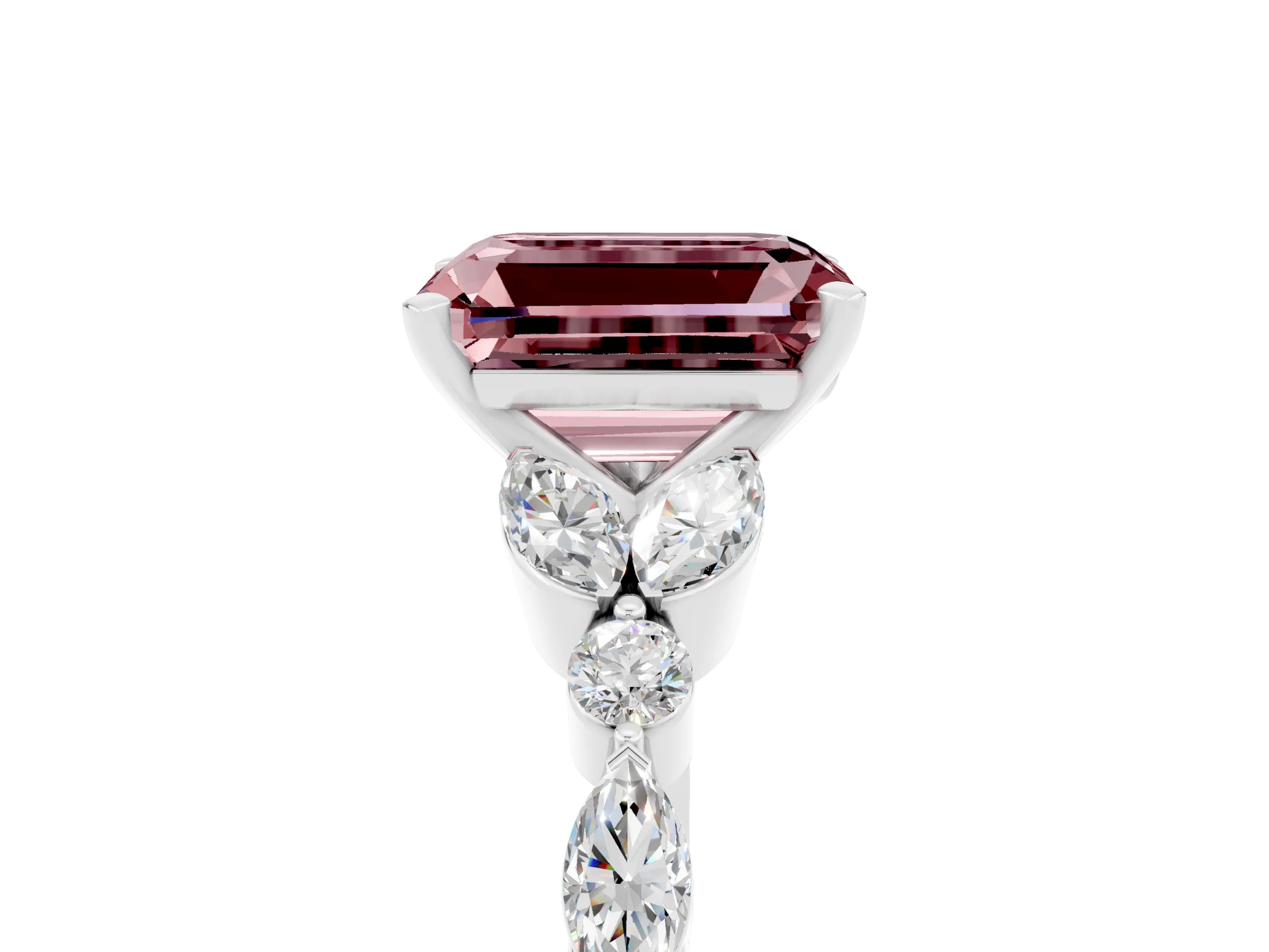 White gold Emerald Cut Morganite Solitaire Ring with Side Stones and Four-Prong Setting_29