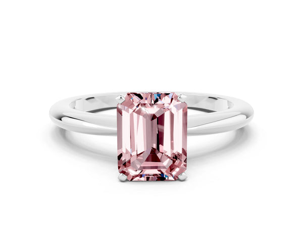 Silver Emerald Cut Morganite Solitaire Ring with Six-Prong Setting and Classic Band