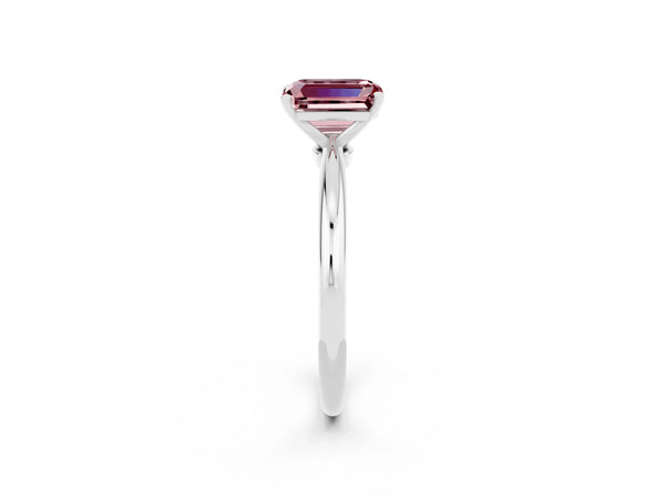 Silver Emerald Cut Morganite Solitaire Ring with Six-Prong Setting and Classic Band