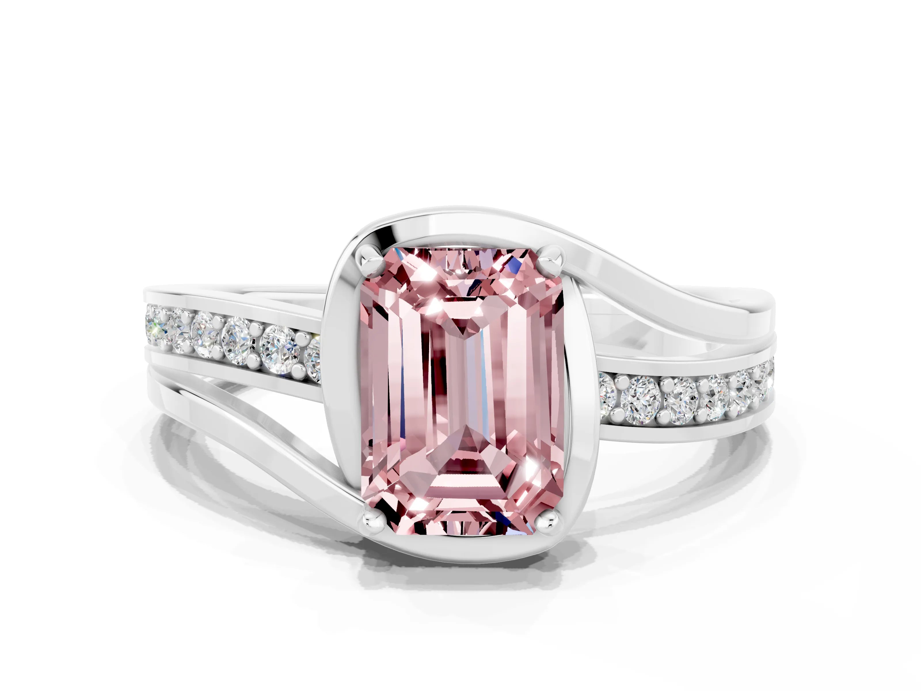 White gold Emerald Cut Morganite Solitaire Ring with Split Shank and Prong Setting