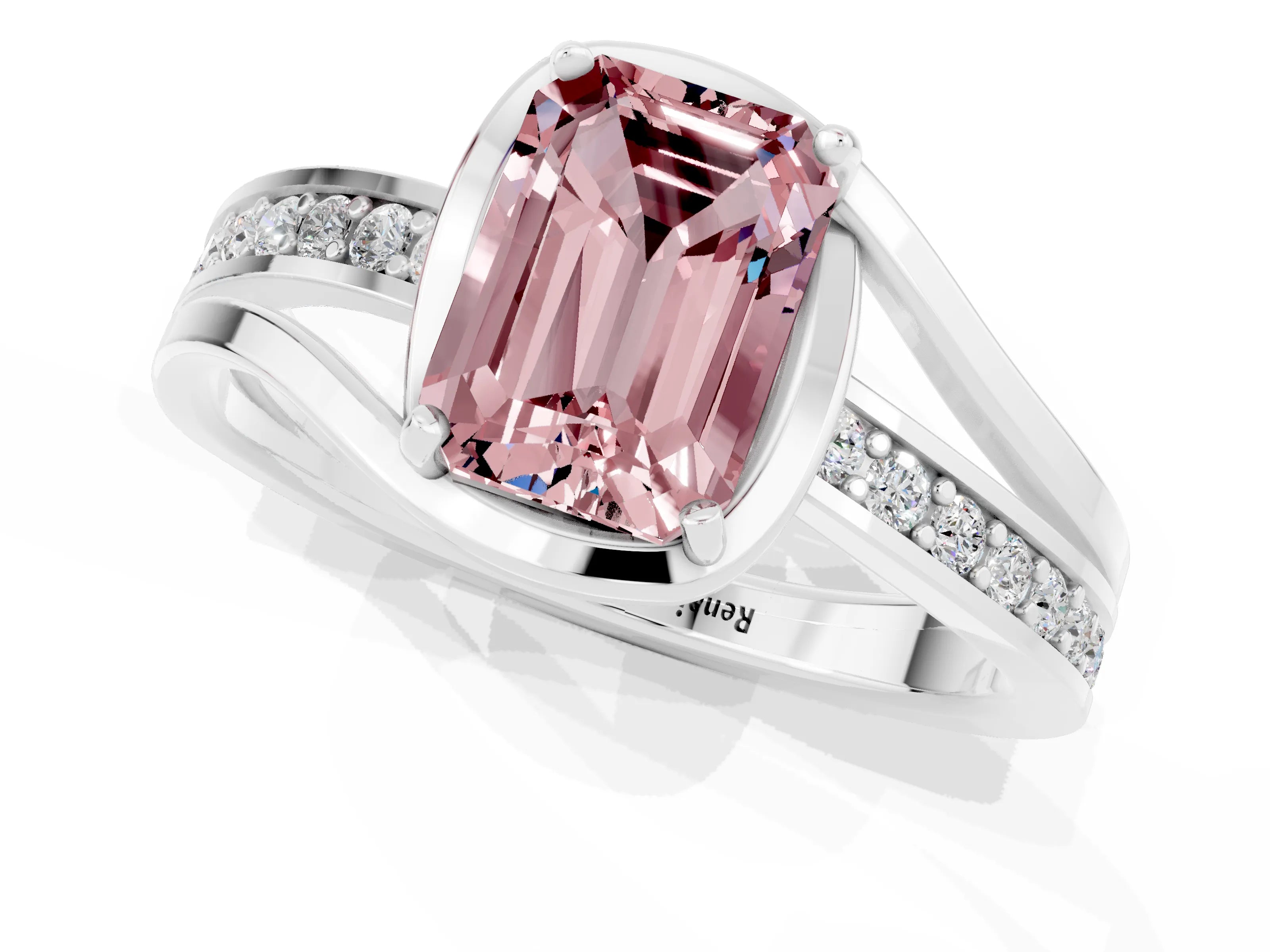 White gold Emerald Cut Morganite Solitaire Ring with Split Shank and Prong Setting_1