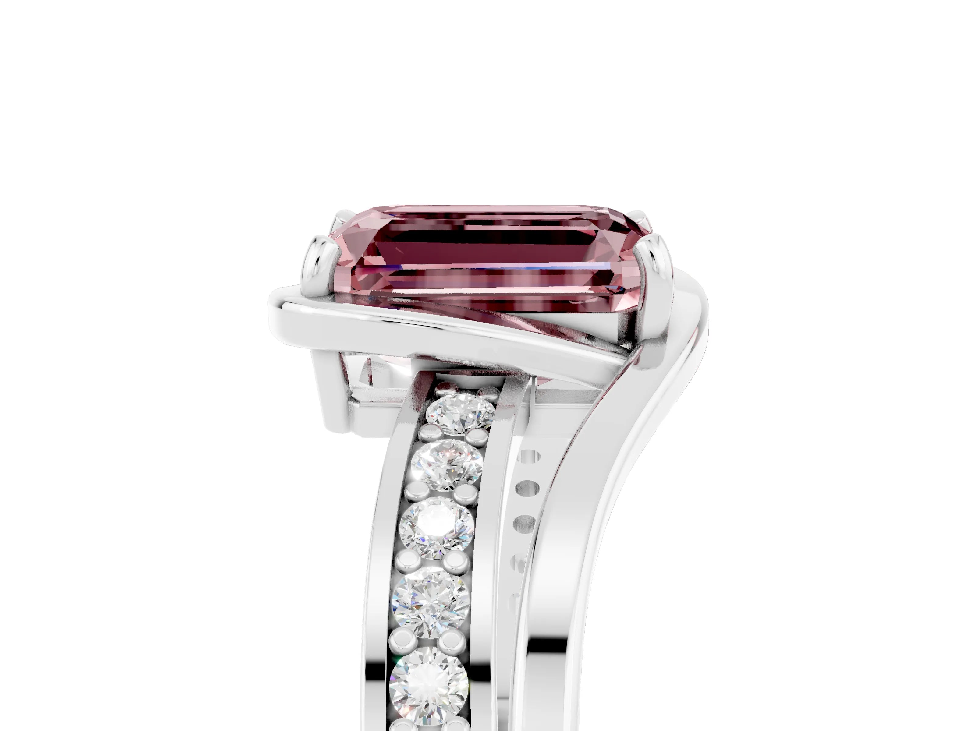 White gold Emerald Cut Morganite Solitaire Ring with Split Shank and Prong Setting_5
