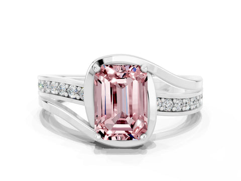 White gold Emerald Cut Morganite Solitaire Ring with Split Shank and Prong Setting