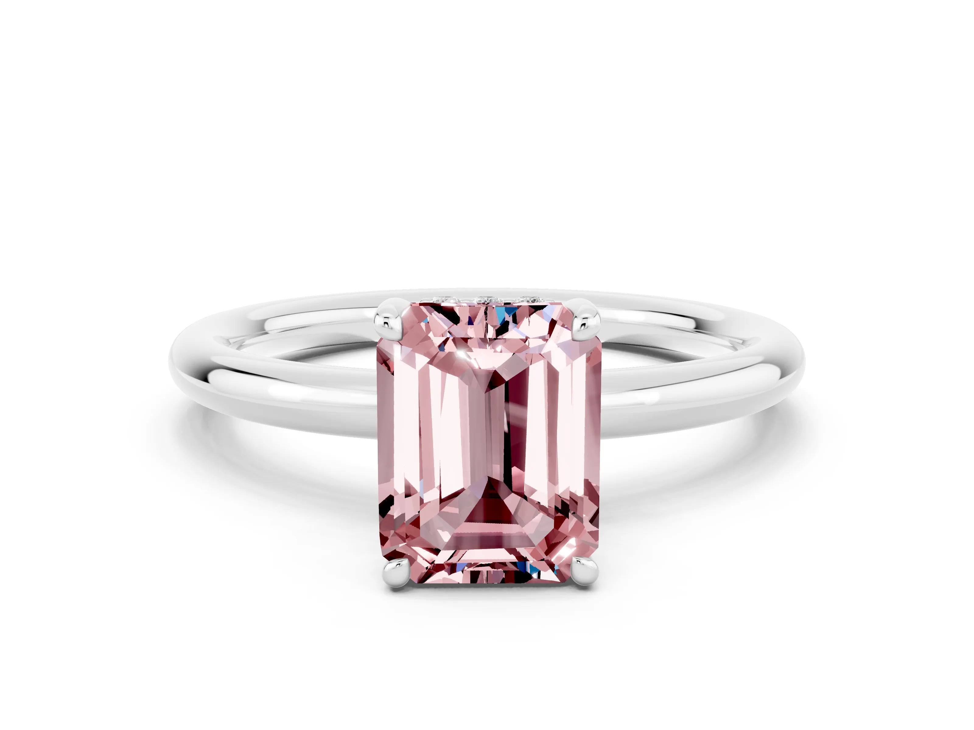 White gold Emerald Cut Morganite Solitaire Ring with Thin Band and Four-Prong Setting_12