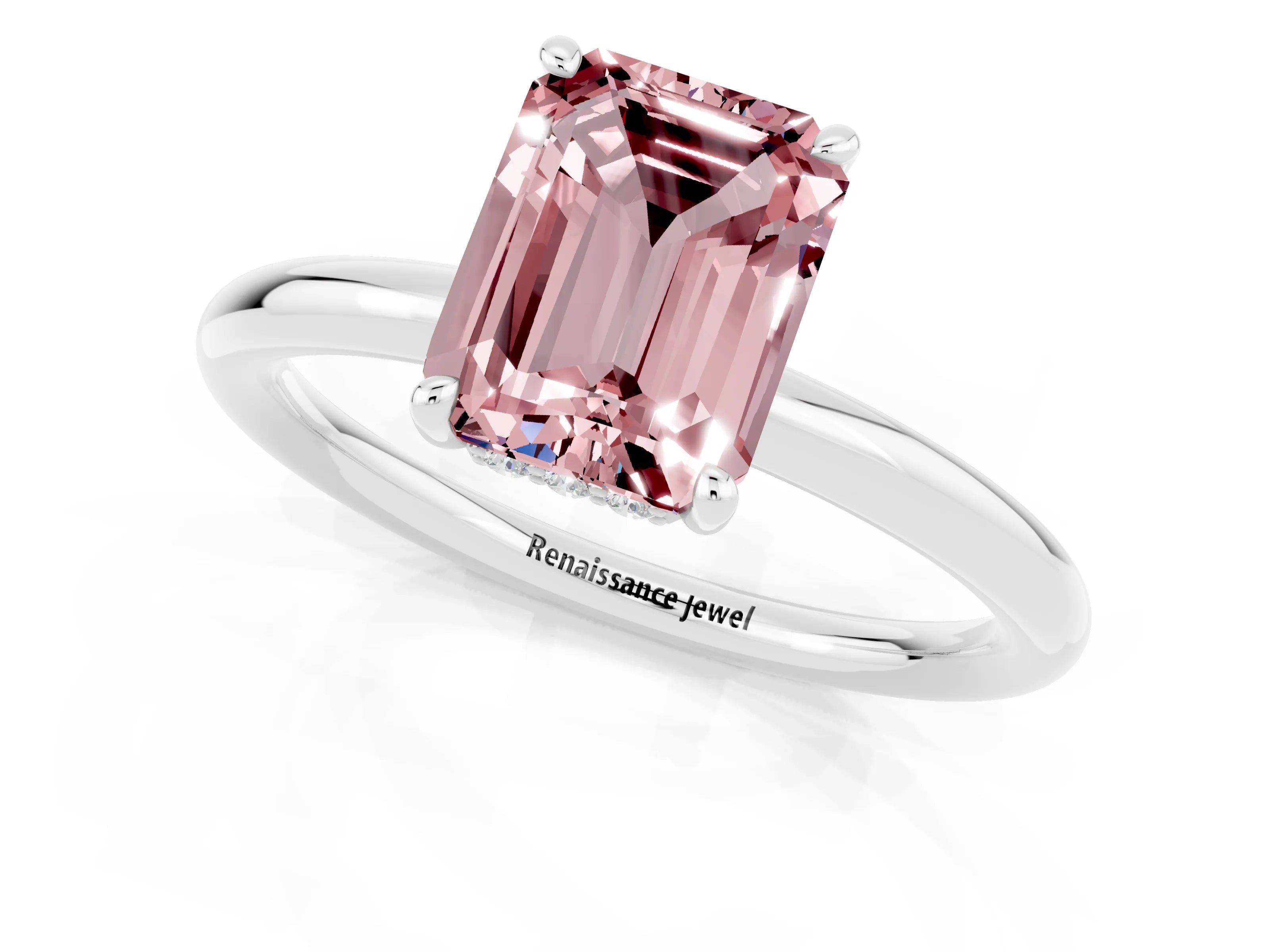 White gold Emerald Cut Morganite Solitaire Ring with Thin Band and Four-Prong Setting_13