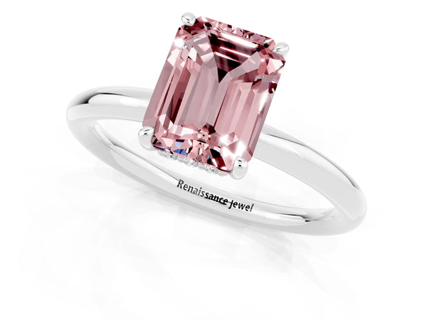 Silver Emerald Cut Morganite Solitaire Ring with Thin Band and Four-Prong Setting