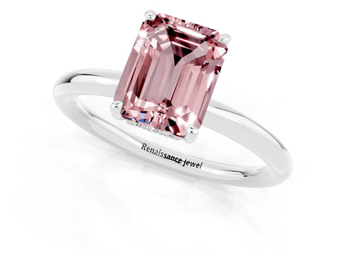 White gold Emerald Cut Morganite Solitaire Ring with Thin Band and Four-Prong Setting_13