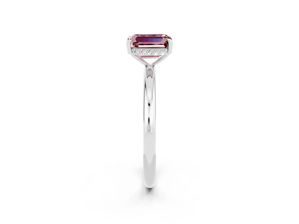 Platinum Emerald Cut Morganite Solitaire Ring with Thin Band and Four-Prong Setting