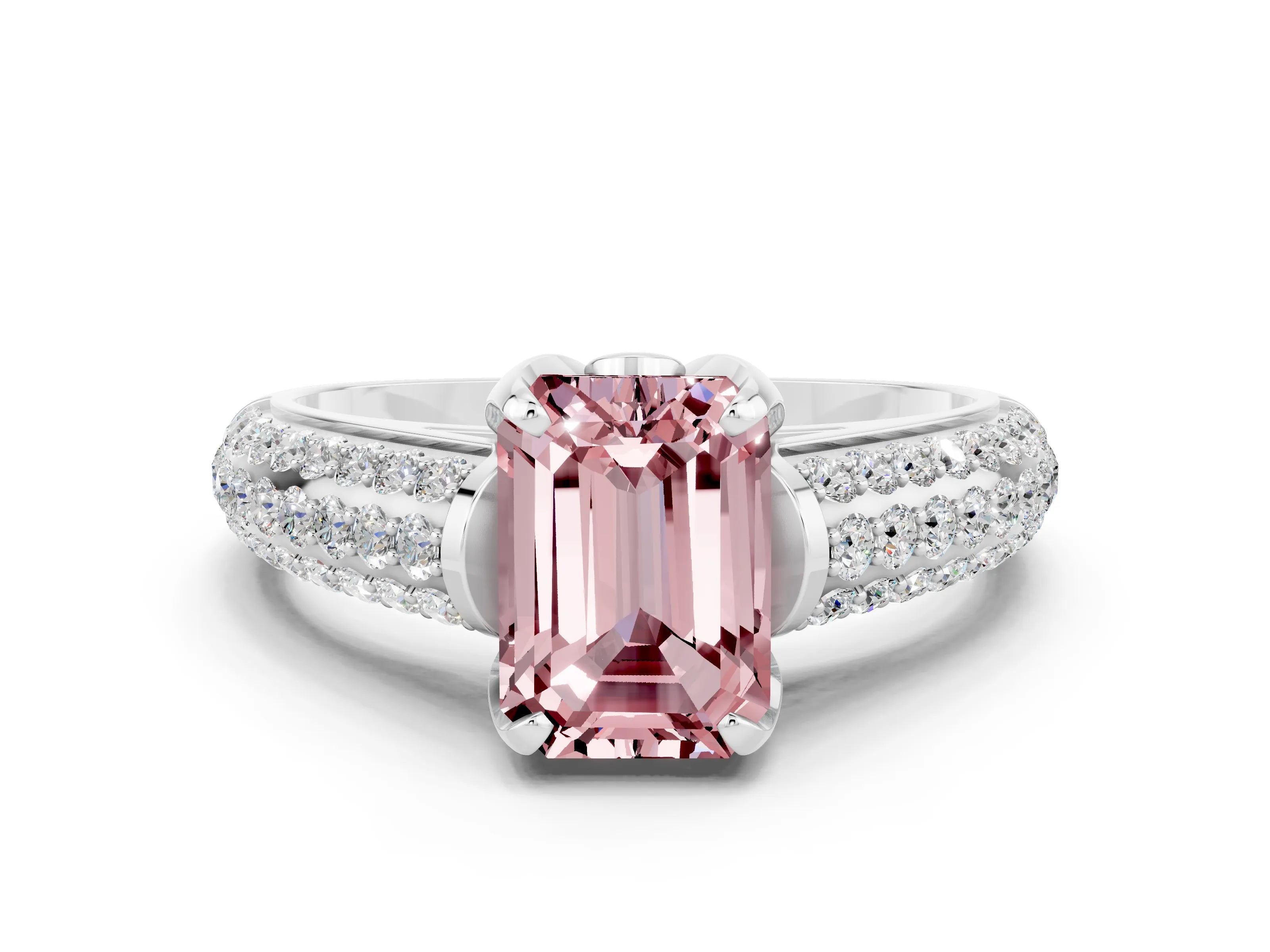 White gold Emerald Cut Morganite Solitaire Ring with Three-Row Pavé Band and Four-Prong Setting_12