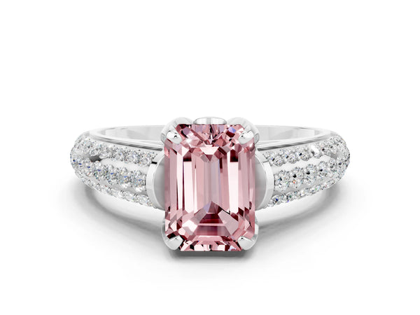 Silver Emerald Cut Morganite Solitaire Ring with Three-Row Pavé Band and Four-Prong Setting