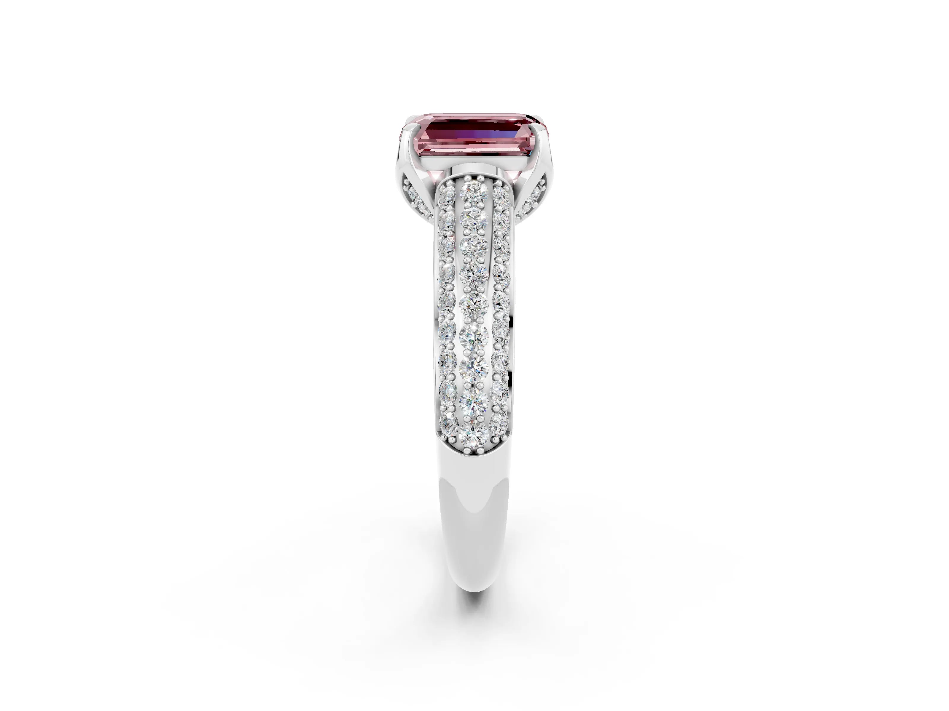 White gold Emerald Cut Morganite Solitaire Ring with Three-Row Pavé Band and Four-Prong Setting_14