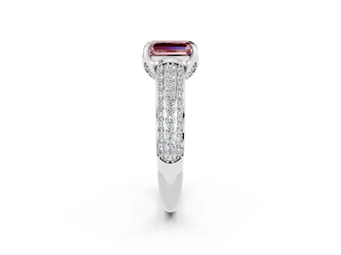 White gold Emerald Cut Morganite Solitaire Ring with Three-Row Pavé Band and Four-Prong Setting_14