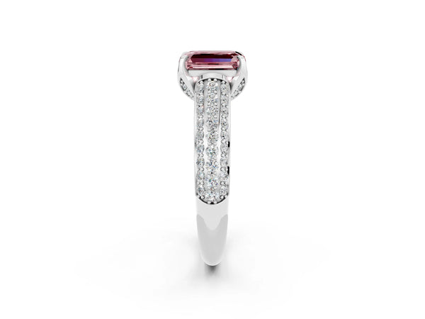 White gold Emerald Cut Morganite Solitaire Ring with Three-Row Pavé Band and Four-Prong Setting