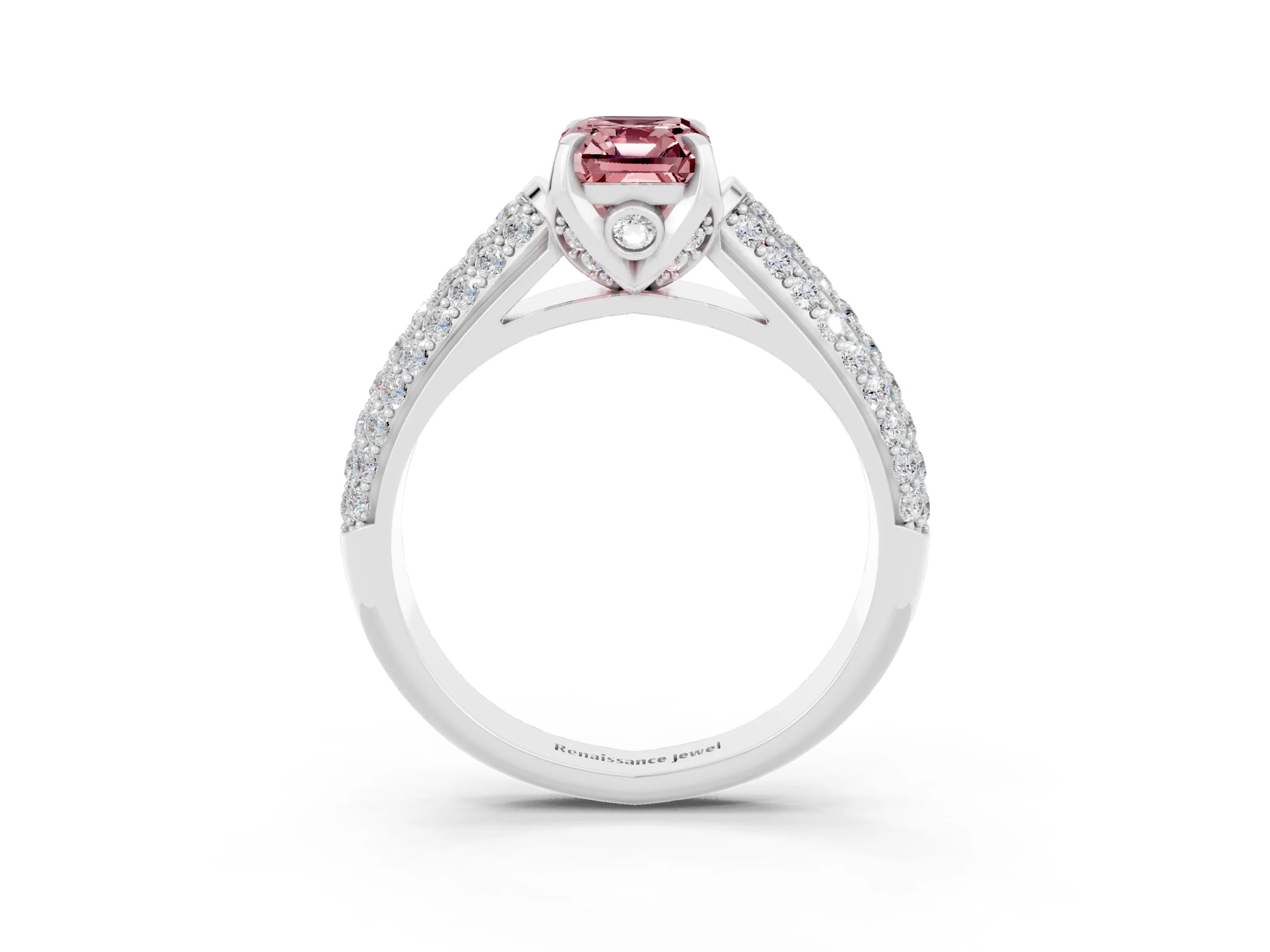 White gold Emerald Cut Morganite Solitaire Ring with Three-Row Pavé Band and Four-Prong Setting_15