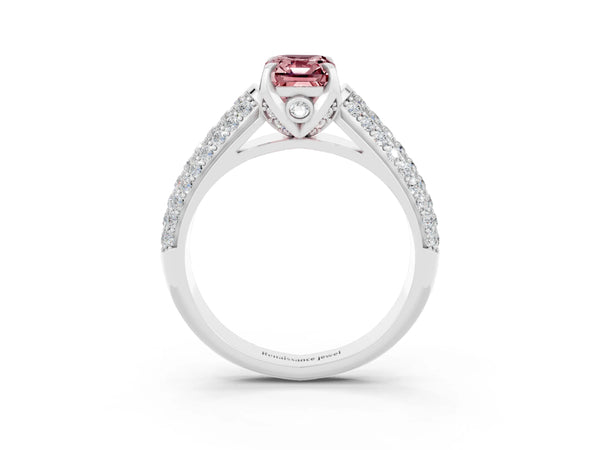 White gold Emerald Cut Morganite Solitaire Ring with Three-Row Pavé Band and Four-Prong Setting