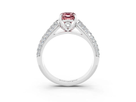 White gold Emerald Cut Morganite Solitaire Ring with Three-Row Pavé Band and Four-Prong Setting_15