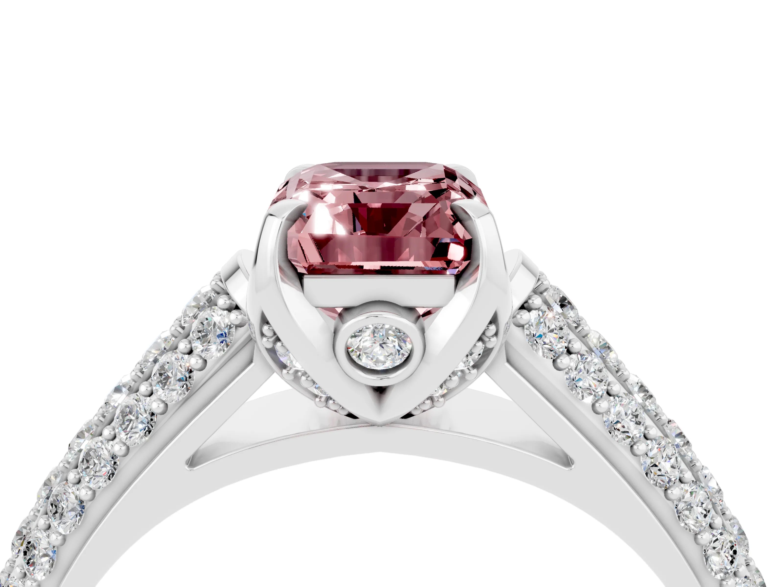 White gold Emerald Cut Morganite Solitaire Ring with Three-Row Pavé Band and Four-Prong Setting_16