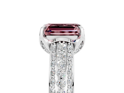 White gold Emerald Cut Morganite Solitaire Ring with Three-Row Pavé Band and Four-Prong Setting_17