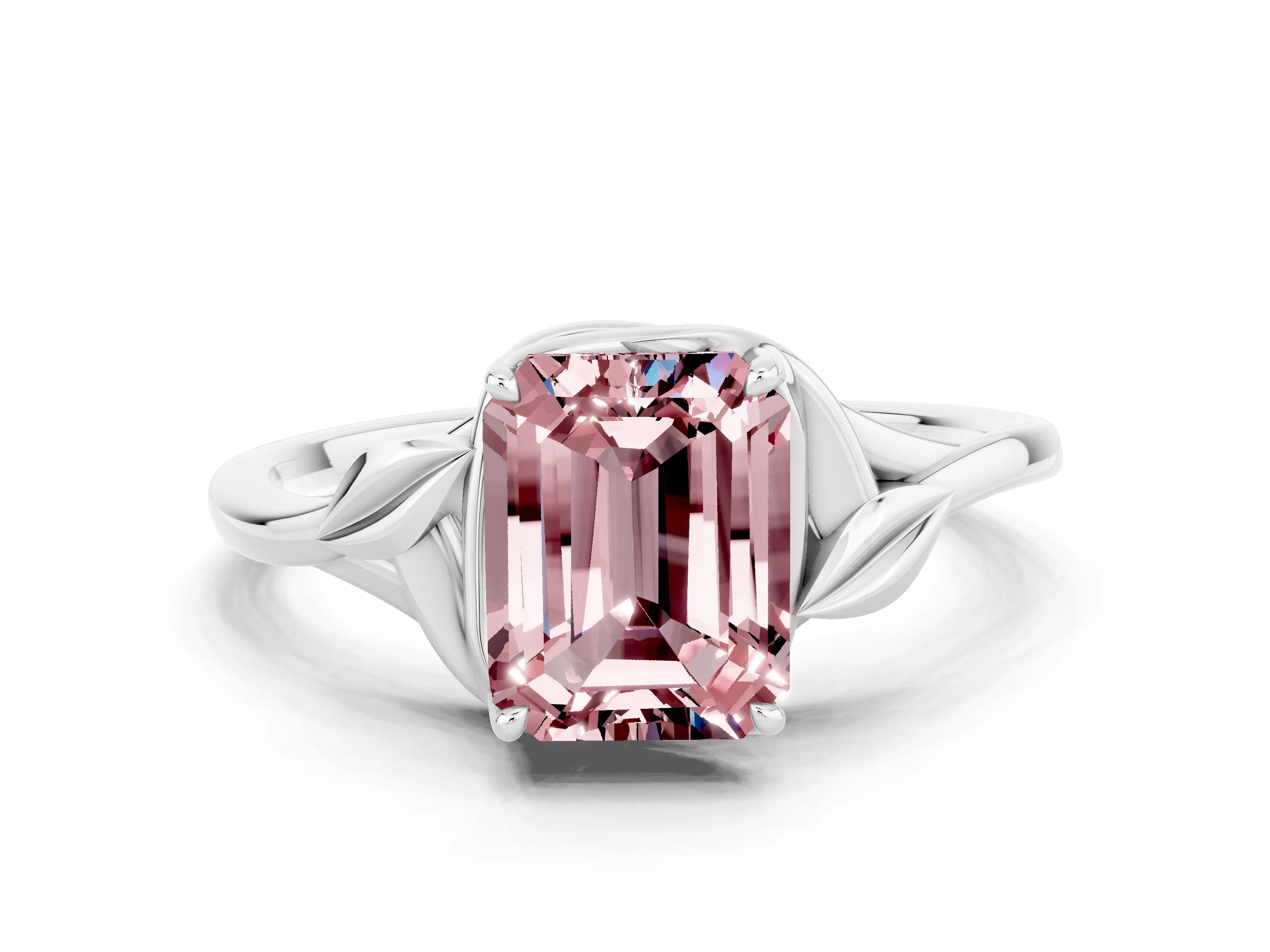 White gold Emerald Cut Morganite Solitaire Ring with Twist Band and Four-Prong Setting_12