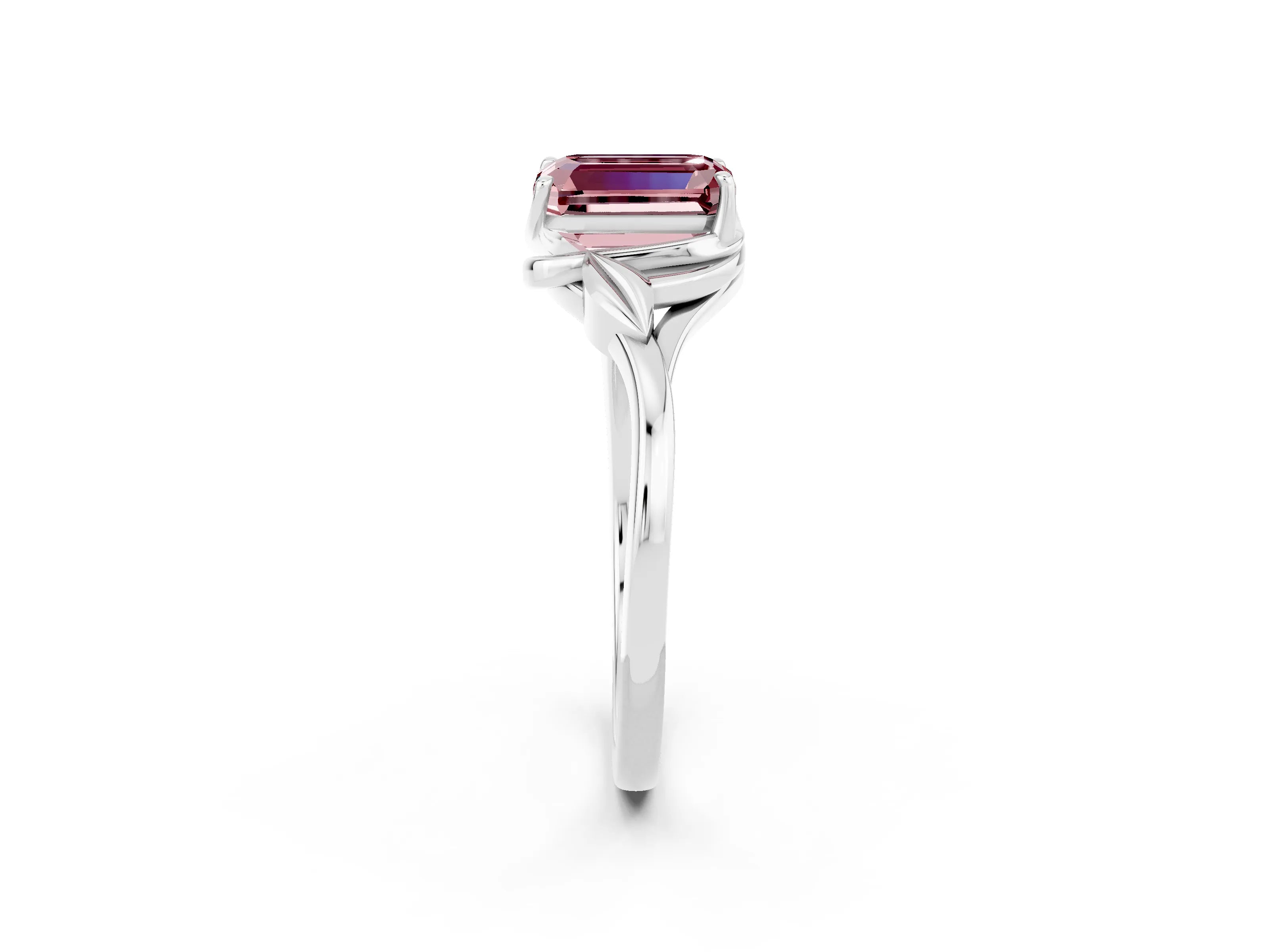 White gold Emerald Cut Morganite Solitaire Ring with Twist Band and Four-Prong Setting_14