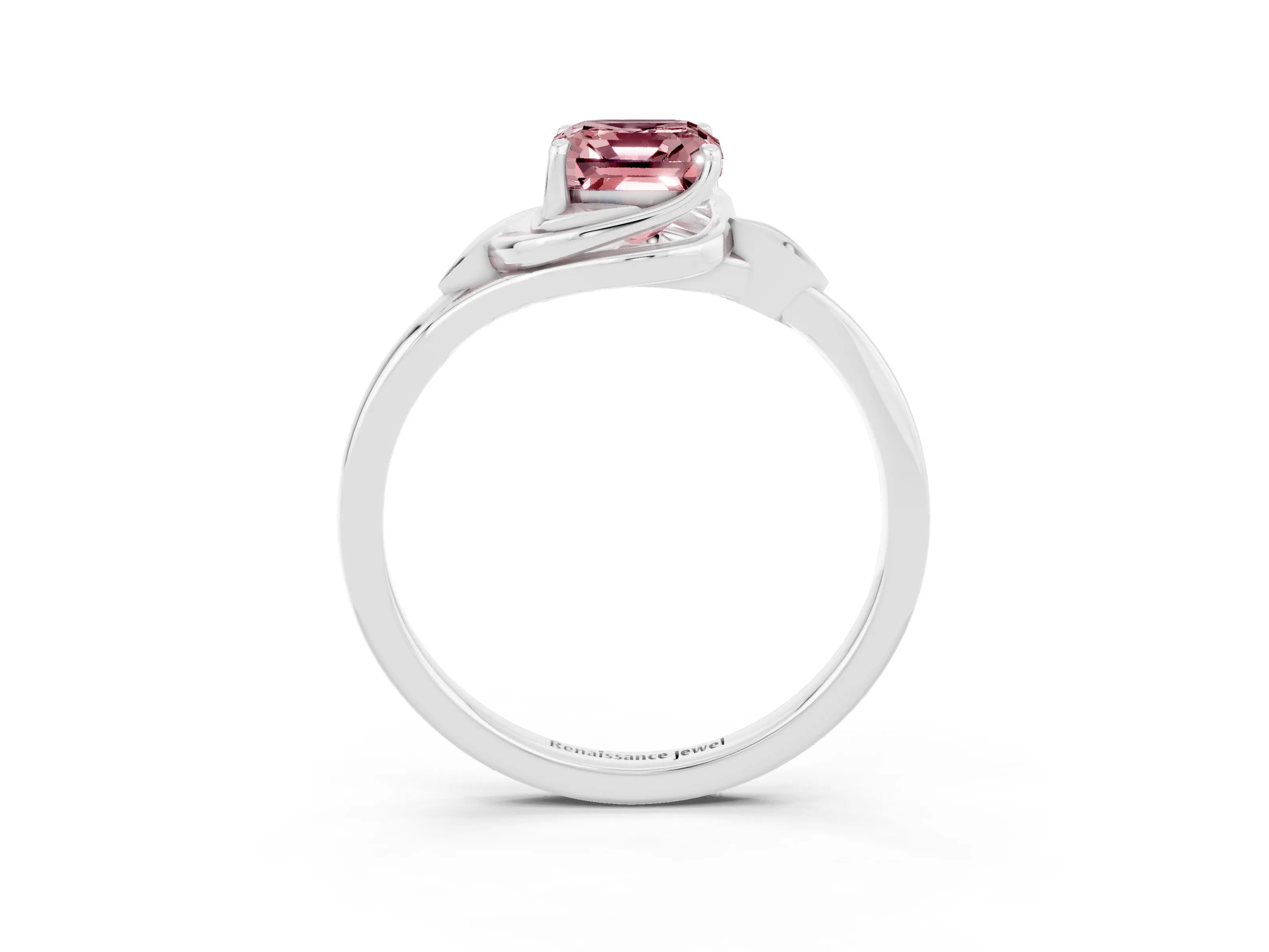 White gold Emerald Cut Morganite Solitaire Ring with Twist Band and Four-Prong Setting_15