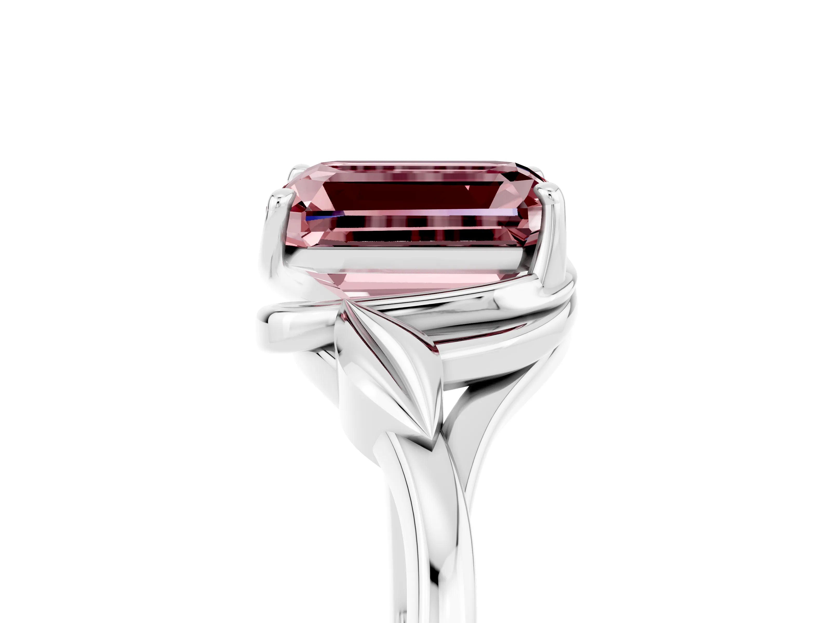 White gold Emerald Cut Morganite Solitaire Ring with Twist Band and Four-Prong Setting_17