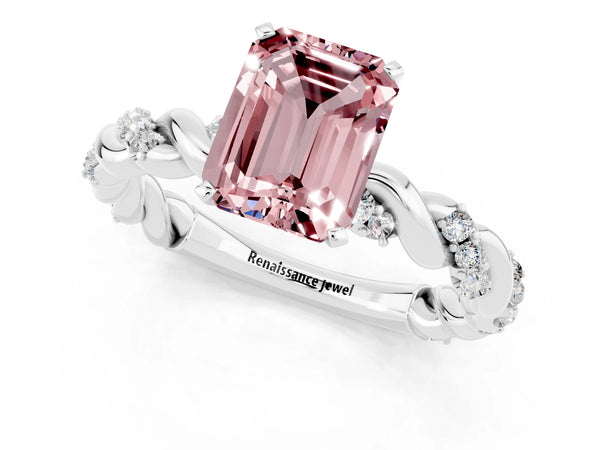 Silver Emerald Cut Morganite Solitaire Ring with Twisted Band and Pavé Accents