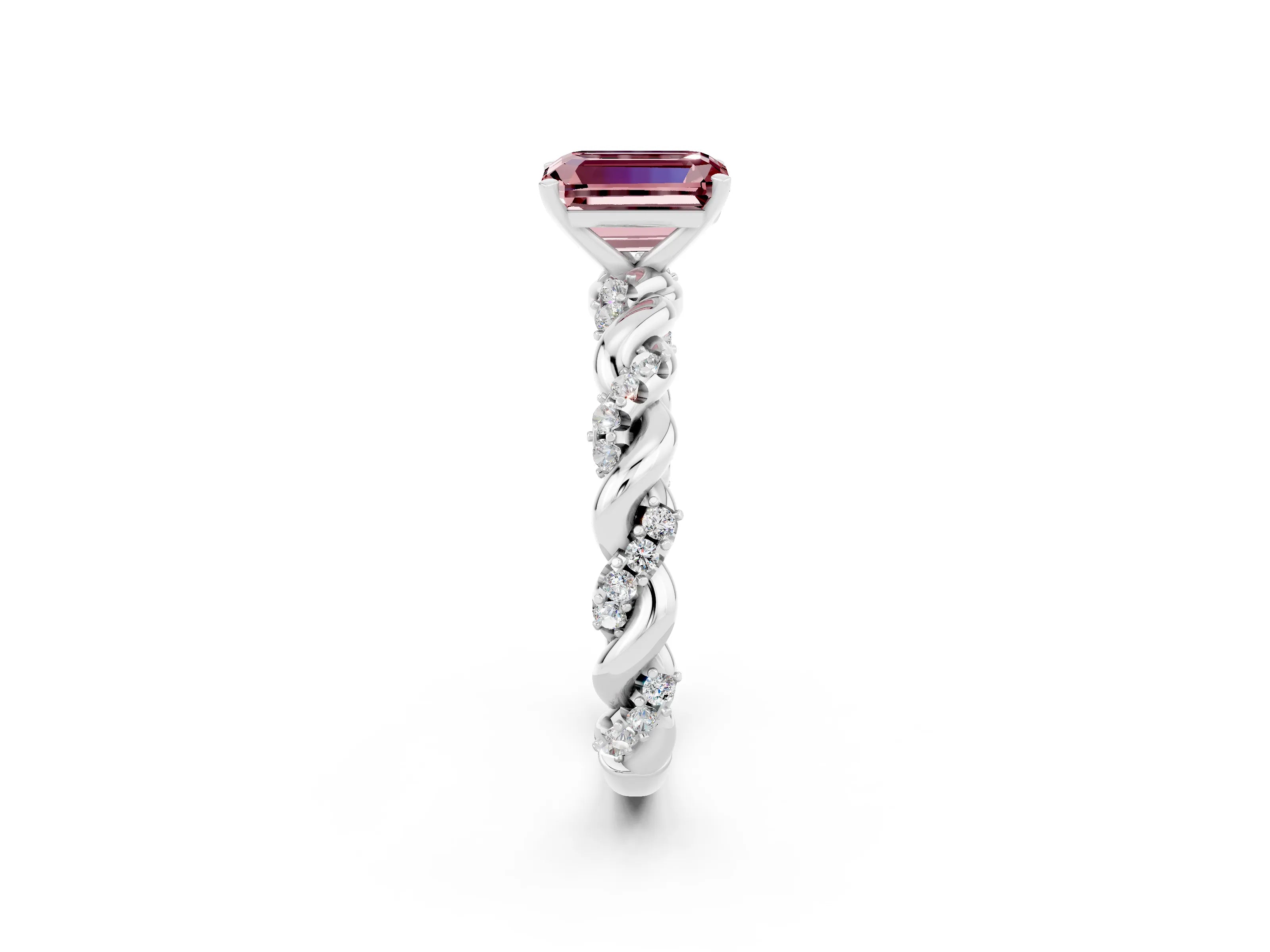 White gold Emerald Cut Morganite Solitaire Ring with Twisted Band and Pavé Accents_2