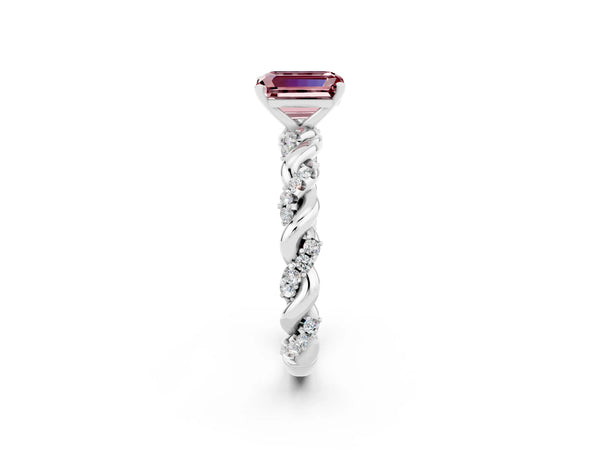 Silver Emerald Cut Morganite Solitaire Ring with Twisted Band and Pavé Accents