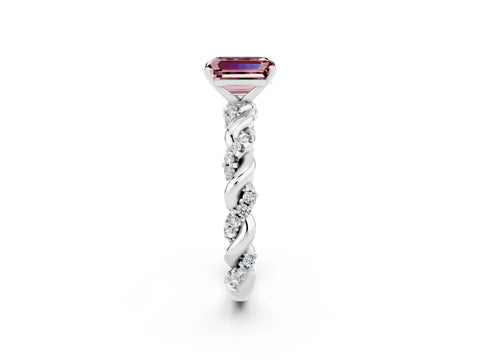 White gold Emerald Cut Morganite Solitaire Ring with Twisted Band and Pavé Accents_2