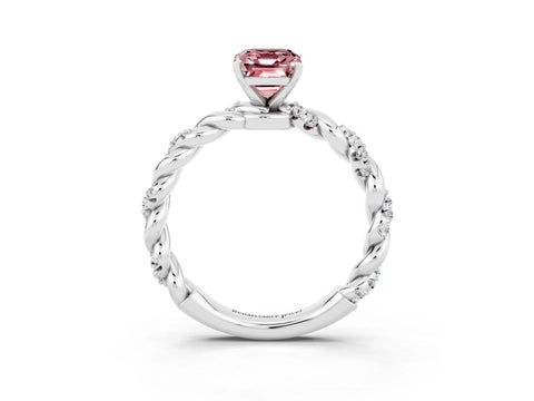 White gold Emerald Cut Morganite Solitaire Ring with Twisted Band and Pavé Accents_3