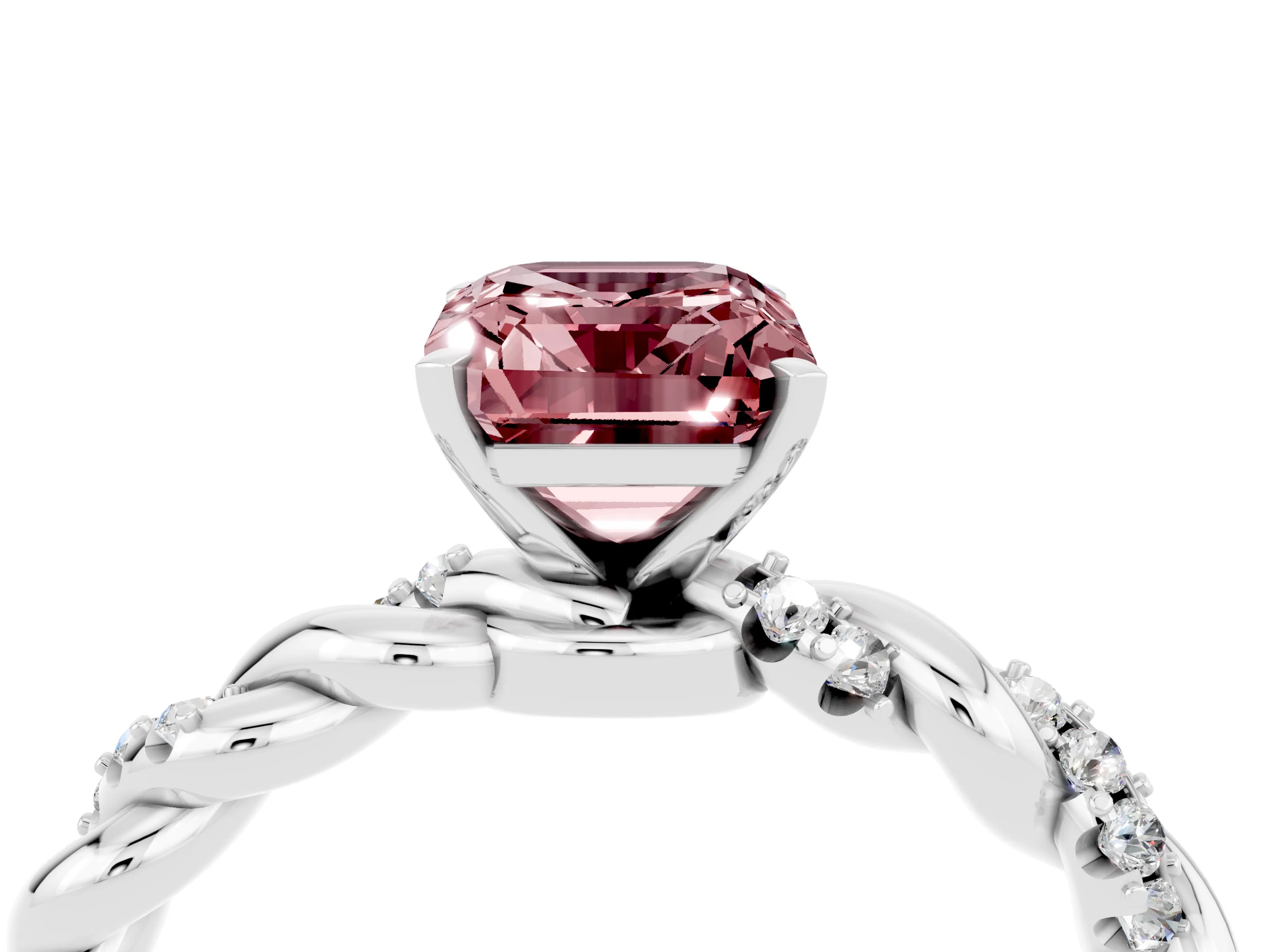 White gold Emerald Cut Morganite Solitaire Ring with Twisted Band and Pavé Accents_4
