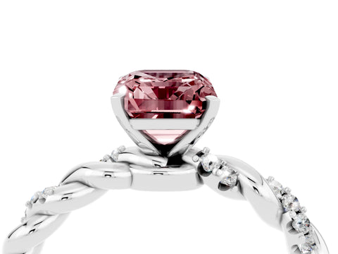 White gold Emerald Cut Morganite Solitaire Ring with Twisted Band and Pavé Accents_4