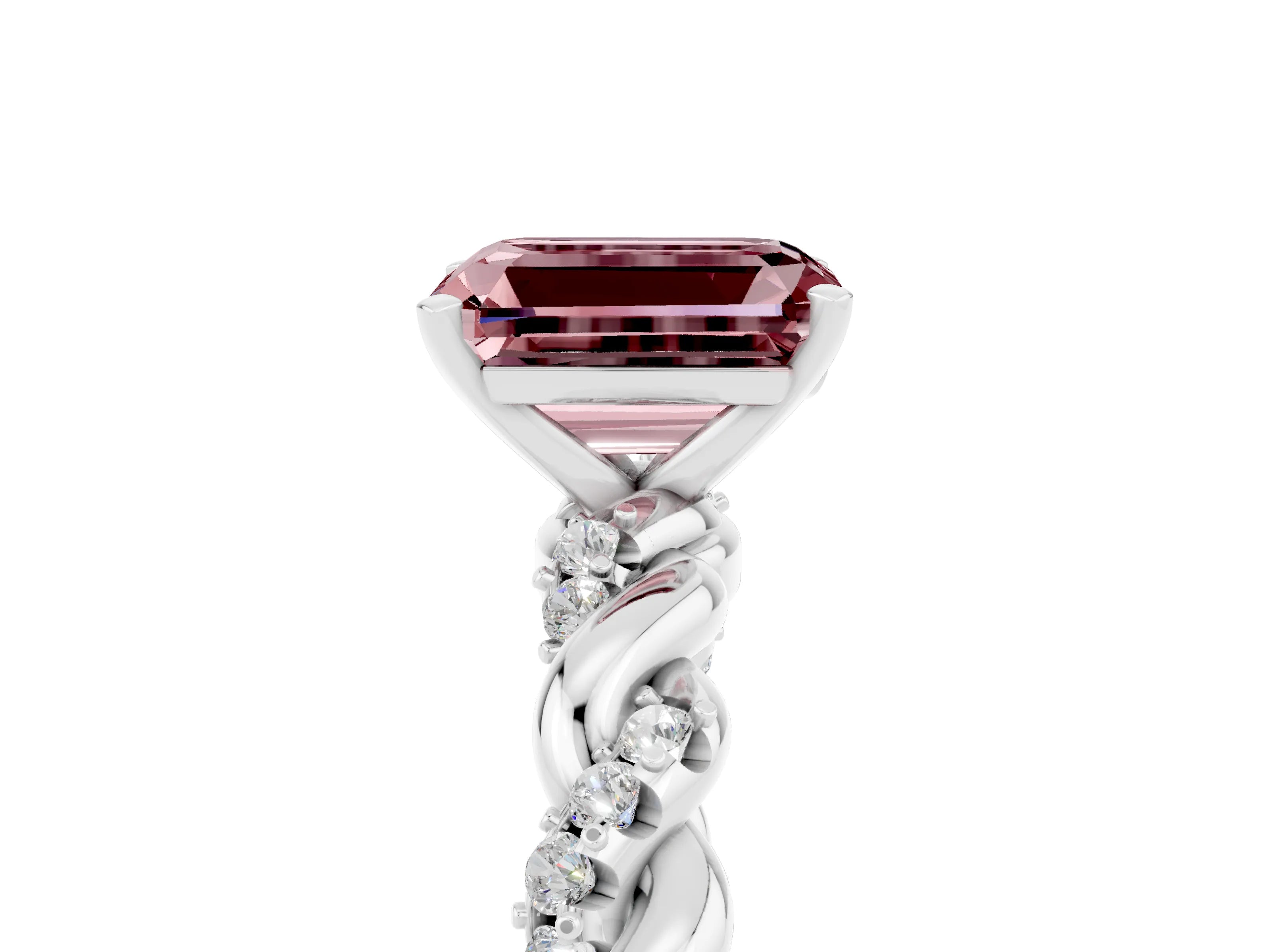 White gold Emerald Cut Morganite Solitaire Ring with Twisted Band and Pavé Accents_5