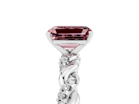 White gold Emerald Cut Morganite Solitaire Ring with Twisted Band and Pavé Accents_5