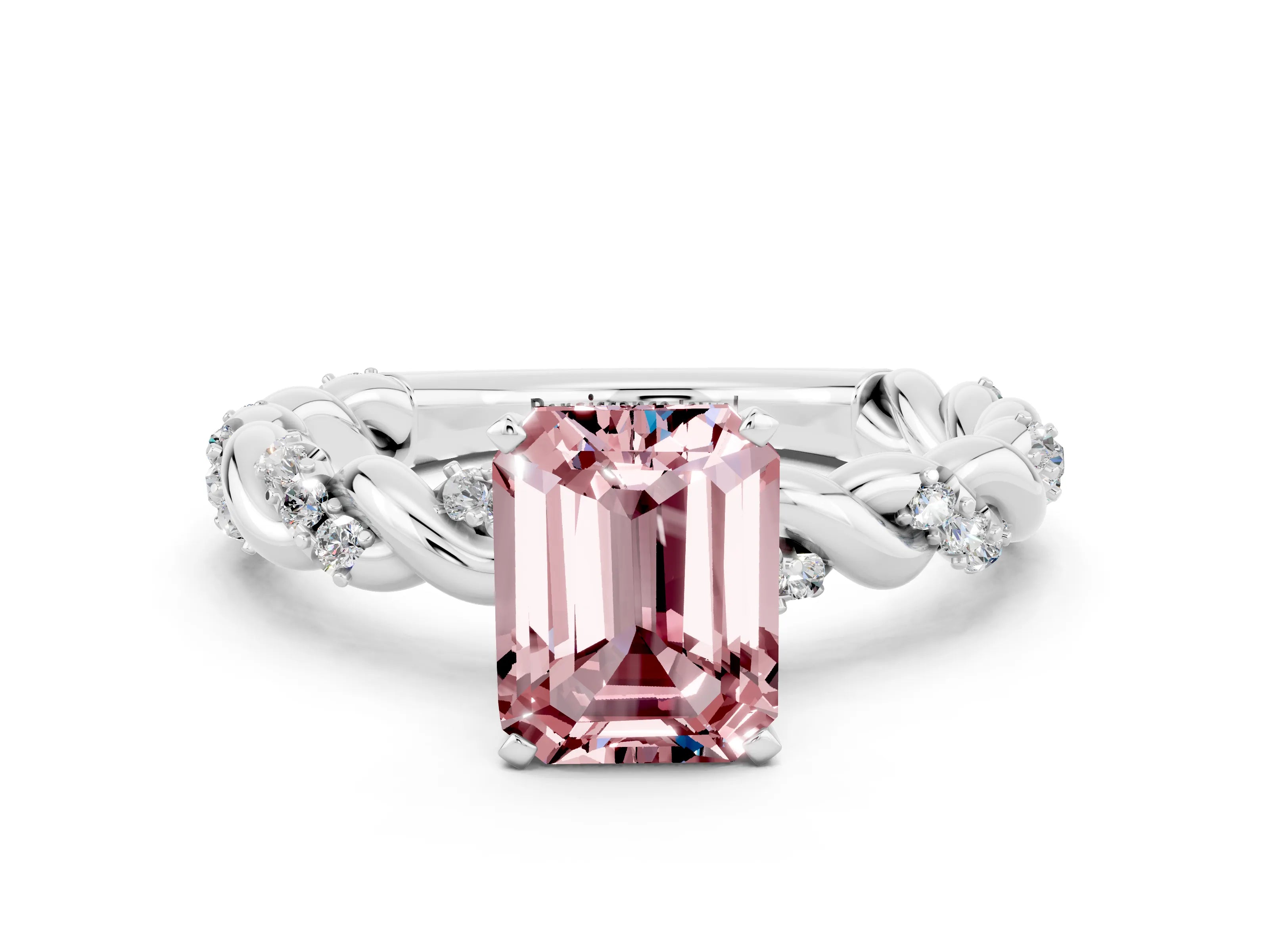 White gold Emerald Cut Morganite Solitaire Ring with Twisted Band and Pavé Accents