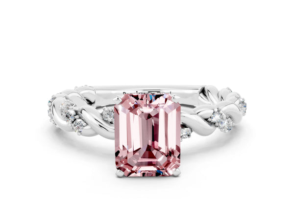 Silver Emerald Cut Morganite Solitaire Ring with Twisted Band and Pavé Accents