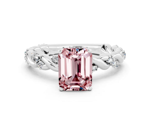 White gold Emerald Cut Morganite Solitaire Ring with Twisted Band and Pavé Accents