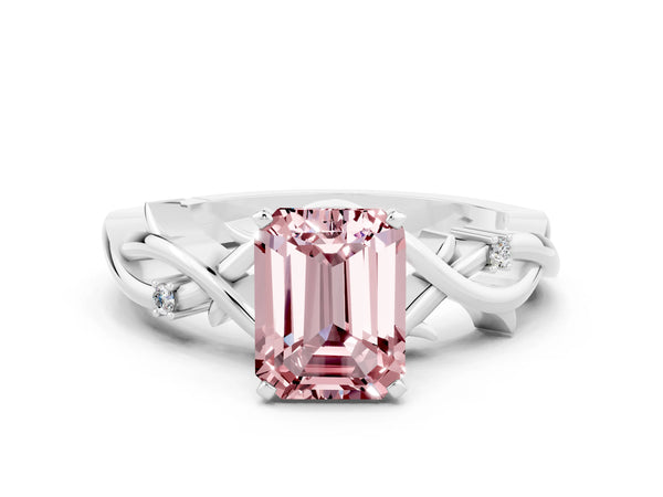 Silver Emerald Cut Morganite Solitaire Ring with Twisted Band and Prong Setting