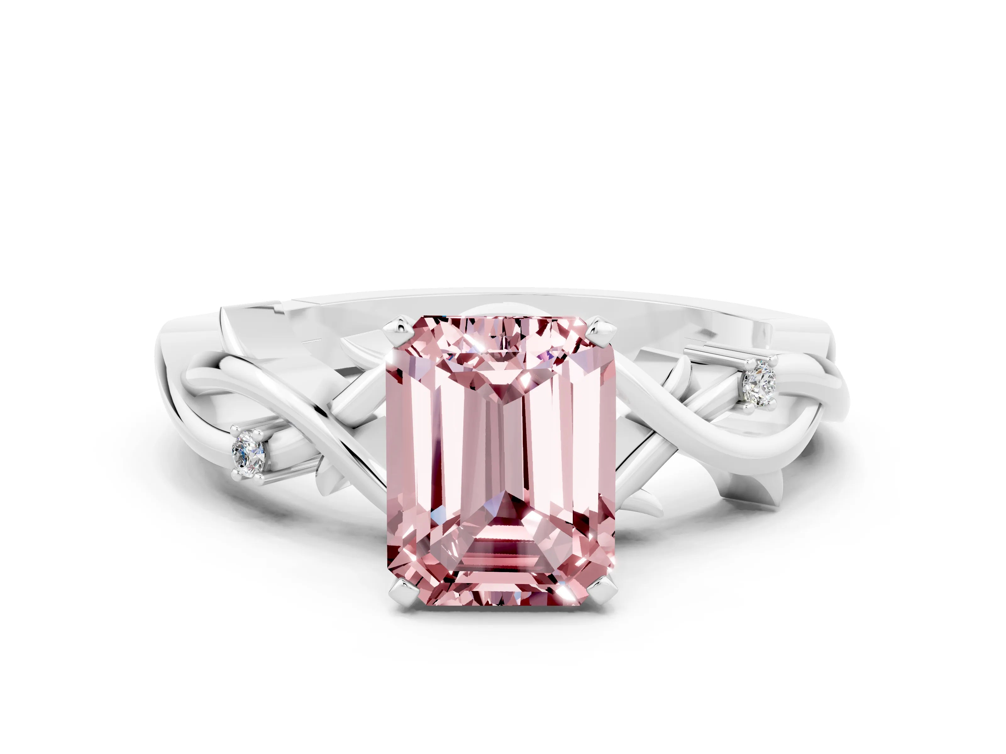 White gold Emerald Cut Morganite Solitaire Ring with Twisted Band and Prong Setting_12