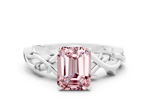 White gold Emerald Cut Morganite Solitaire Ring with Twisted Band and Prong Setting_12