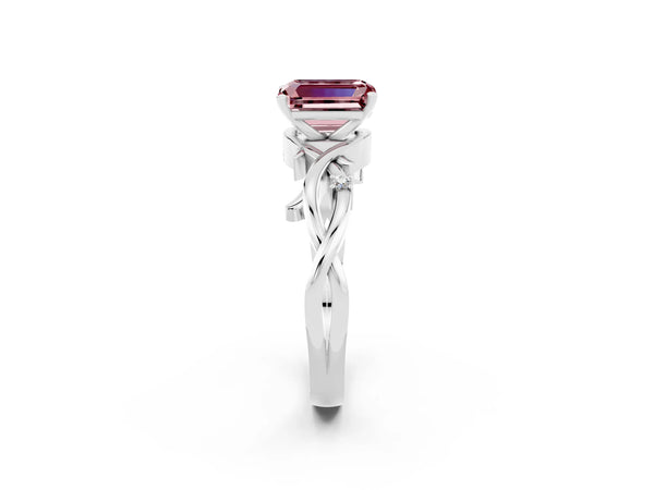White gold Emerald Cut Morganite Solitaire Ring with Twisted Band and Prong Setting